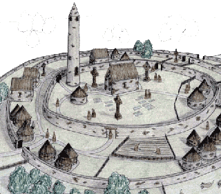 Artist's impression of an early Christian monastery with a
round tower
